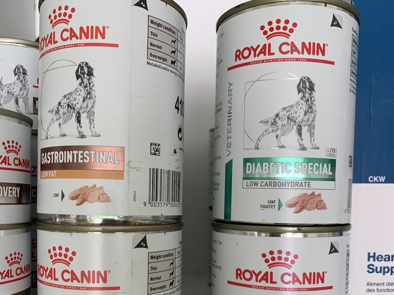 Nassfutter in Dosen mit der Aufschrift Diabetic Special. Beschriftung lautet: Diabetesfutter für deinen Hund bekommst du beim Tierarzt.