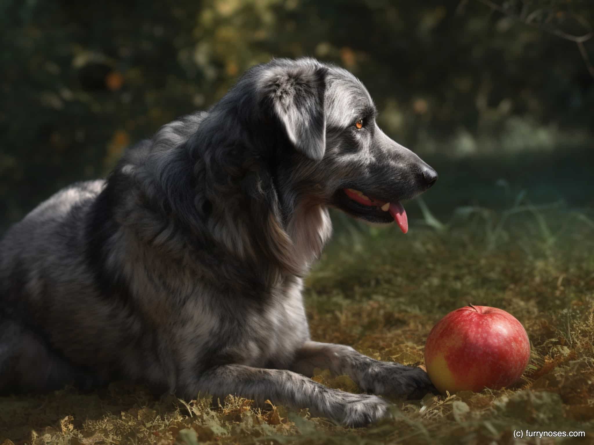 Frauer Hunde liegt mit einem Apfel vor seinen Pfoten. Beschriftung lautet: Was gibt es zu beachten, wenn du deinem Hund Äpfel geben möchtest?